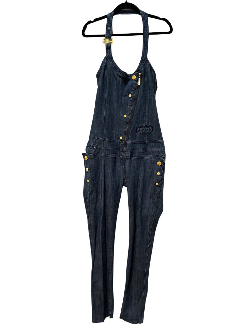 VTG Y2K Apple Bottoms Dark Wash Denim Halter Jumpsuit Asymmetrical Zip Medium